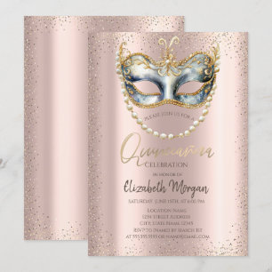 Masque, Parels Confetti Roos Goud Quinceañera Kaart