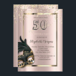 Masque Rose Gold 50th Birthday Invitation<br><div class="desc">Elegant masque et confetti sur rose arrière - plan or.</div>
