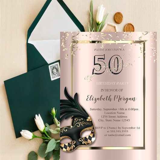 Masque Rose Gold 50th Birthday Invitation