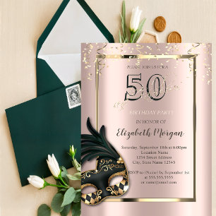 Masque Rose Goud 50e Verjaardagsuitnodiging Kaart