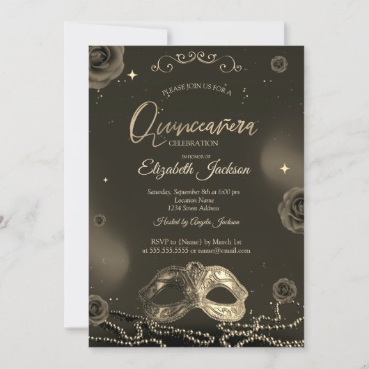Masque Rozen Parels Grijs Quinceanera Kaart (Voorkant)