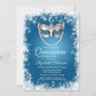 Masque, Snowflakes, Blue Quinceañera Invitation