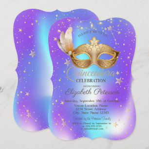 Masque Stars Holographic Quinceañera Kaart