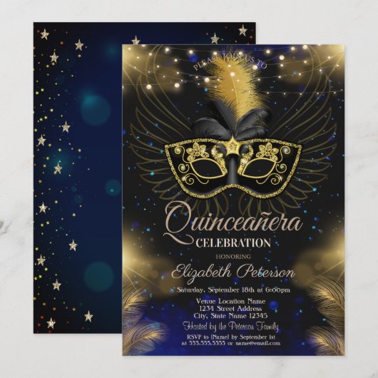 Masque, String Lights, Sterren Blauw Quinceañera Kaart (Voorkant / Achterkant)