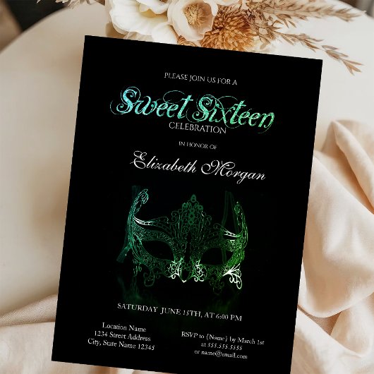 Masque Vert Simple Black Sweet 16 Invitation