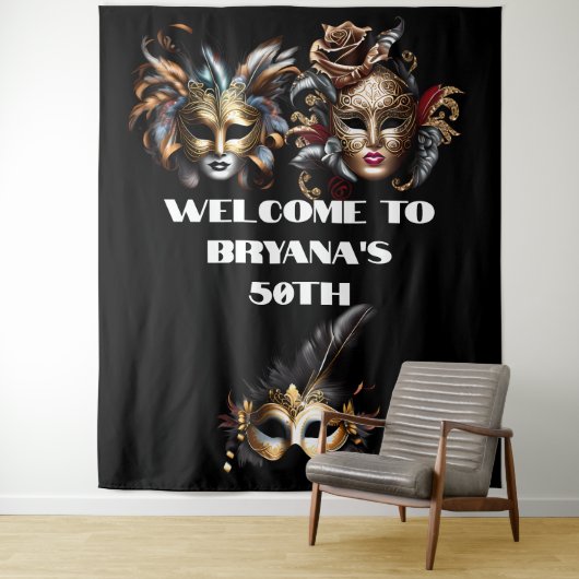 Masquerade bal gezichtsmaskers elegant man lady ch wandkleed (In situ)