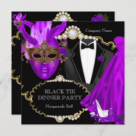 Masquerade Ball Paars Black Stropdas Dinner Party Kaart (Voorkant / Achterkant)