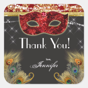 Masquerade Ball Red Gold Peacock Verjaardag Sticke Vierkante Sticker
