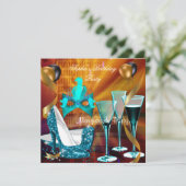 Masquerade Birthday Blauwgroen Gold Wine Stiletto Kaart (Staand voorkant)