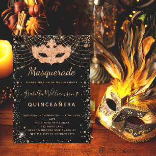 Masquerade black gold glitter Quinceanera luxe Kaart