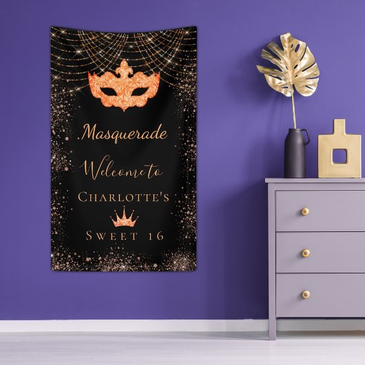 Masquerade black goudglitterstof Sweet 16 Spandoek