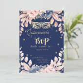 Masquerade, Blauwe Bloemen Sterren RSVP Kaart (Staand voorkant)