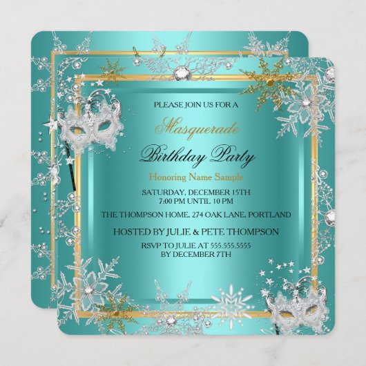 Masquerade Blauwgroen Blue Gold Snowflake Silver M Kaart (Voorkant / Achterkant)