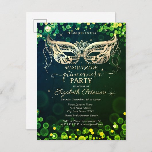 Masquerade Bokeh Groene Stippen Quinceañera Uitnodiging Briefkaart (Voorkant / Achterkant)
