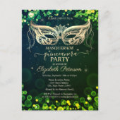 Masquerade Bokeh Groene Stippen Quinceañera Uitnodiging Briefkaart (Voorkant)