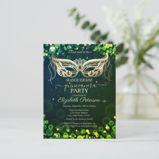 Masquerade Bokeh Groene Stippen Quinceañera Uitnodiging Briefkaart (Staand voorkant)