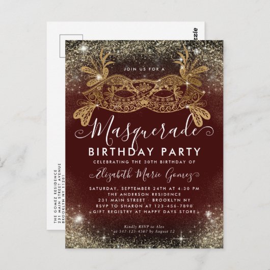 Masquerade Bourgogne Gouden Glitter Verjaardagsfee Briefkaart (Voorkant / Achterkant)