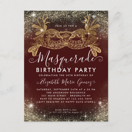 Masquerade Bourgogne Gouden Glitter Verjaardagsfee Briefkaart (Voorkant)