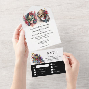 Masquerade bruiloft   bruidegom Venetiaanse masker All In One Uitnodiging