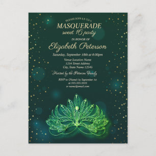 Masquerade, Confetti Stars Green Masque Sweet 16 Uitnodiging Briefkaart
