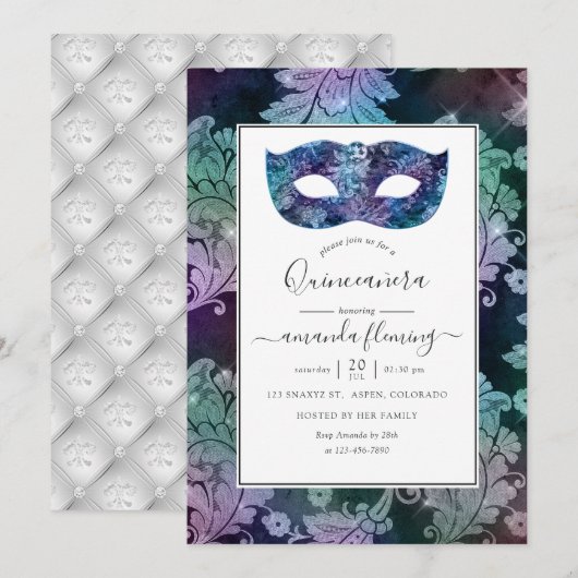 Masquerade Damask Quinceañera Kaart (Voorkant / Achterkant)