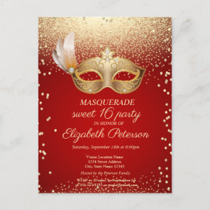 Masquerade Diamanten,Masque,Rode Sweet 16 Uitnodiging Briefkaart