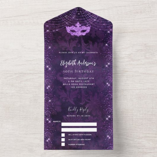 Masquerade feestdag verjaardag paarse masker RSVP All In One Uitnodiging (Binnen)