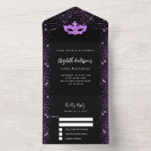 Masquerade feestdag verjaardag zwart paarse masker all in one uitnodiging (Binnen)