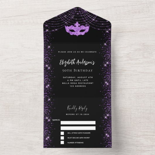 Masquerade feestdag verjaardag zwart paarse masker all in one uitnodiging (Binnen)