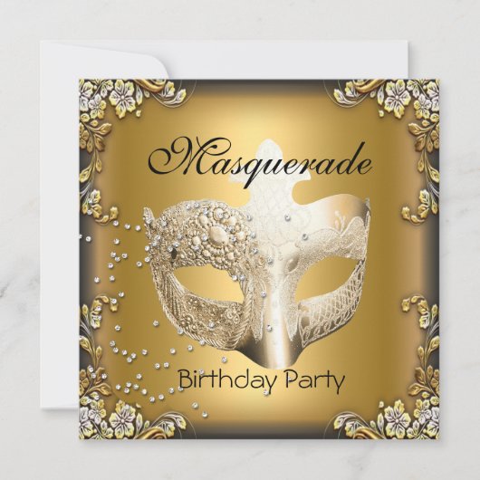 Masquerade Gold Black Birthday Party Kaart (Voorkant)