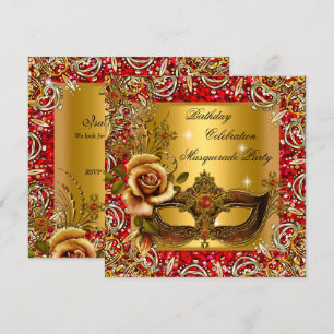 Masquerade Gold Masker Glitter Red Birthday Party Kaart