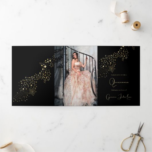 Masquerade Gold Stars Quinceanera Party Invitation (Extérieur)