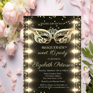 Masquerade Goud Diamanten Lichten Sweet 16 Uitnodiging Briefkaart