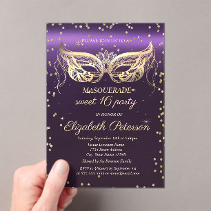 Masquerade Goud Diamanten Paars Sweet 16 Acryl Uitnodigingen