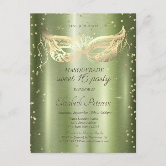 Masquerade Gouden Diamanten Groen Metallic Sweet 1 Uitnodiging Briefkaart (Voorkant)