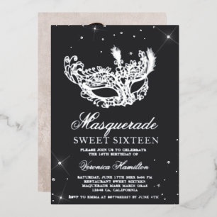 Masquerade grijs zilverglittermasker Sweet 16 foto Folie Uitnodiging