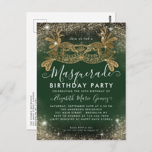 Masquerade Groen Goud Glitter Stof Verjaardagsfees Briefkaart (Voorkant / Achterkant)