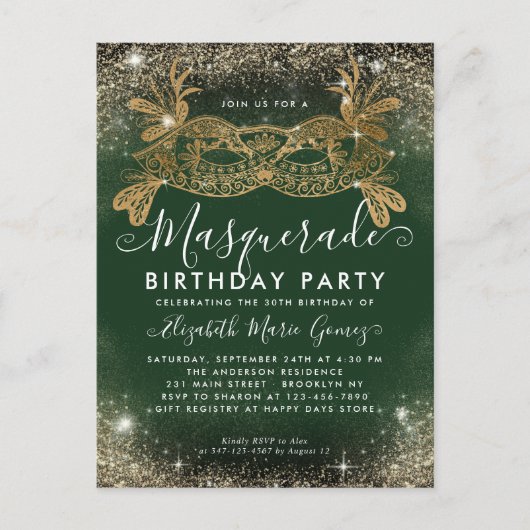 Masquerade Groen Goud Glitter Stof Verjaardagsfees Briefkaart (Voorkant)