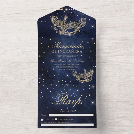 Masquerade mask chic gold glitter quinceanera all in one uitnodiging (Binnen)