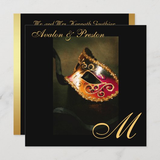 Masquerade Mask Gold Monogram Weddenschap Kaart (Voorkant / Achterkant)