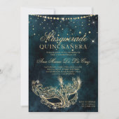 Masquerade masker blauwgroen goud glitter quincean kaart (Voorkant)