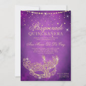 Masquerade masker lila goud glitter quinceanera kaart (Voorkant)