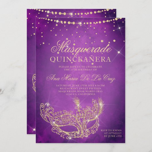 Masquerade masker lila goud glitter quinceanera kaart (Voorkant / Achterkant)