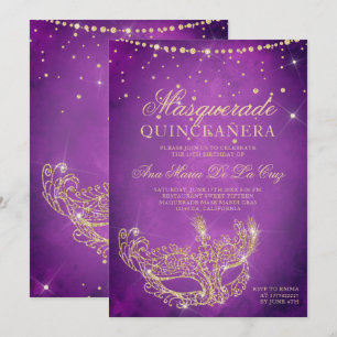 Masquerade masker lila goud glitter quinceanera kaart