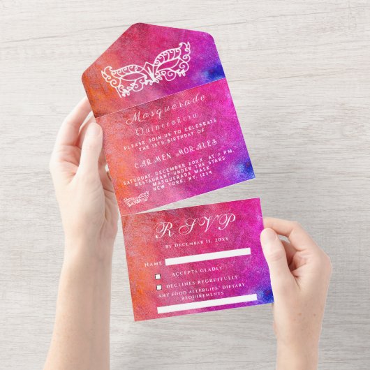 Masquerade Masker Pink Glitter Abstract Quinceaner All In One Uitnodiging (Afscheurbaar)