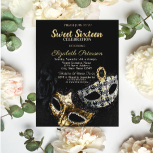 Masquerade, Masque, Black, Confetti Sweet 16 Kaart