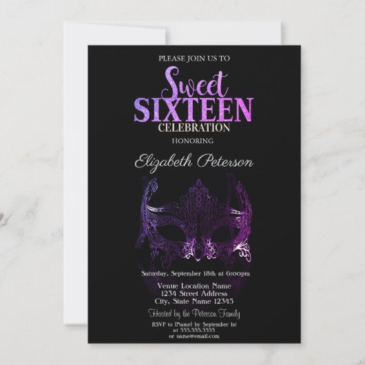 Masquerade, Masque violet Sweet 16 Invitation (Devant)