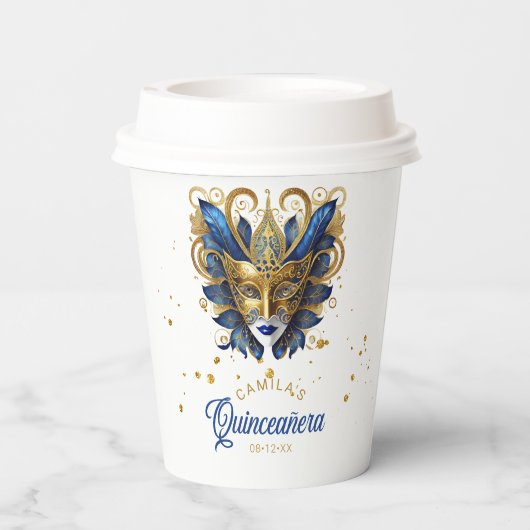 Masquerade Motif Quinceanera Blauw Goud ID1031 Papieren Bekers (Achterkant)