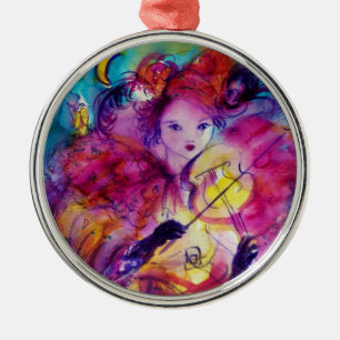 MASQUERADE NACHT Carnaval Musicus in Roze kostuum Metalen Ornament