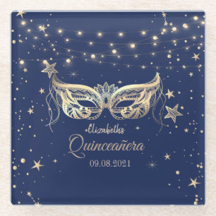 Masquerade, Navy Blue Stars Quinceañera Glazen Onderzetter